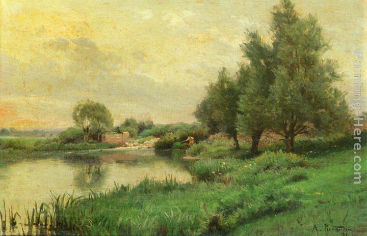 Pecheur au bord de la riviere painting - Alfred Renaudin Pecheur au bord de la riviere art painting